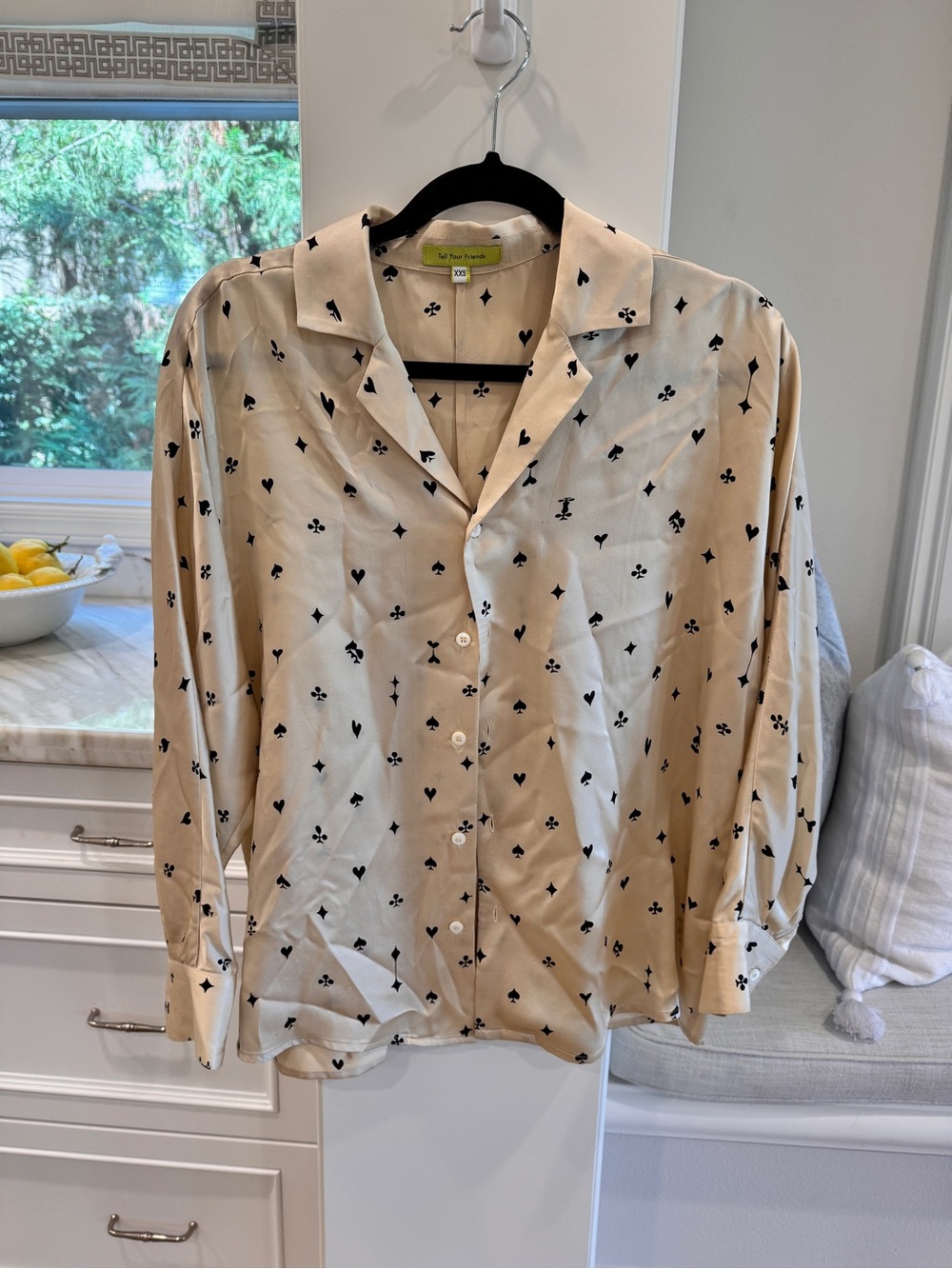 Lovers + Friends Beige Button-Down Shirt with Black Card Motif
